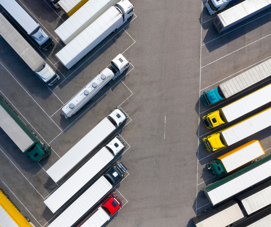 Overhead view of 18 wheeler trucks