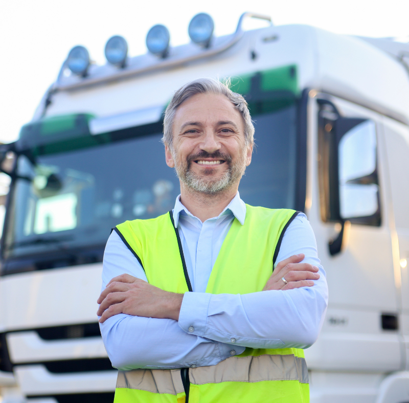 Smiling man wearing a yellow safety vest in front of his 18 wheeler truck