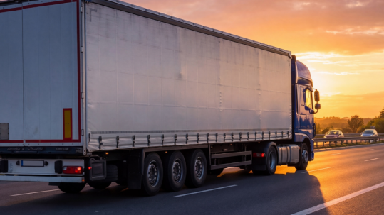 Truck driving at sunset