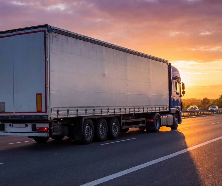 Truck driving at sunset